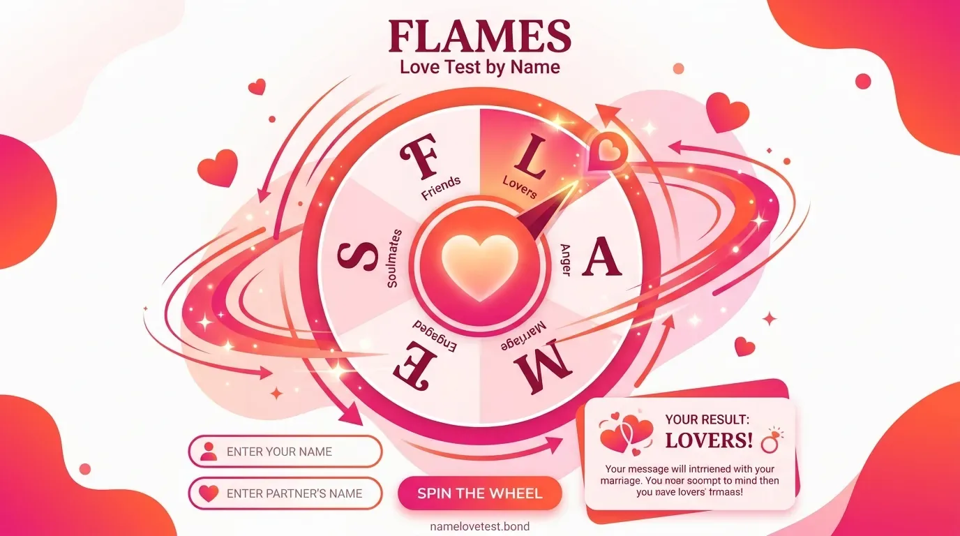 FLAMES Love Test by Name showing step by step letter cancellation and elimination trail with the 6 relationship outcomes